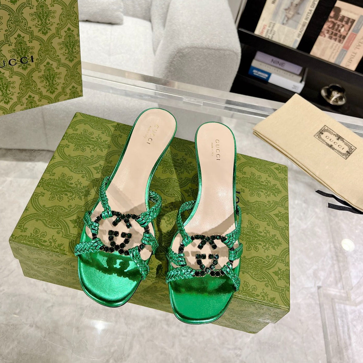 GG CRYSTAL MID - HEEL JADE GREEN CALFSKIN