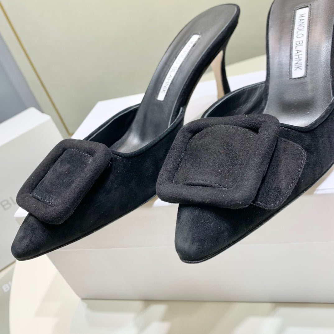 Manolo Mules 7cm Black Suede Leather Bottom 451190