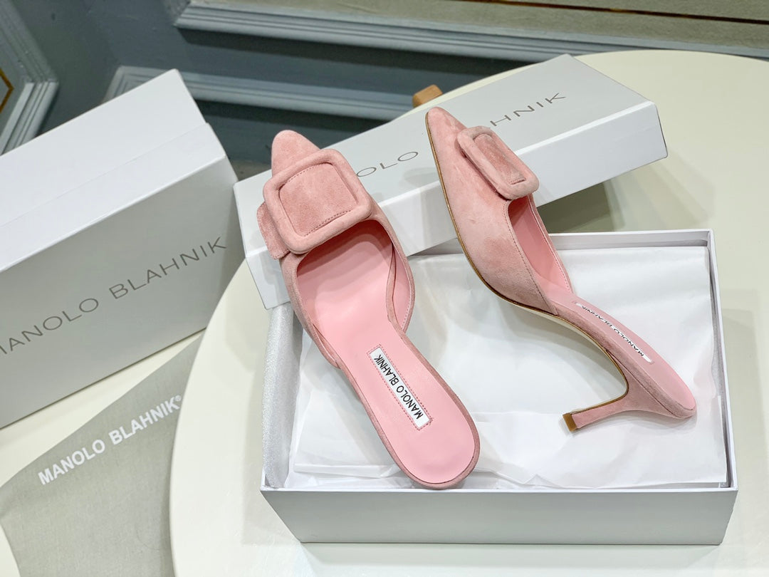 Manolo Mules 7cm Pink Suede Leather Bottom 451188