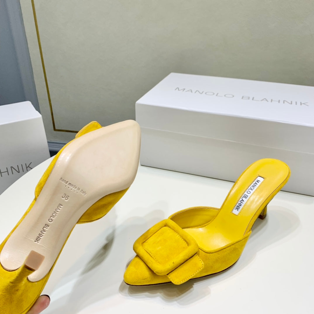Manolo Mules 7cm Yellow Suede Leather Bottom 451186