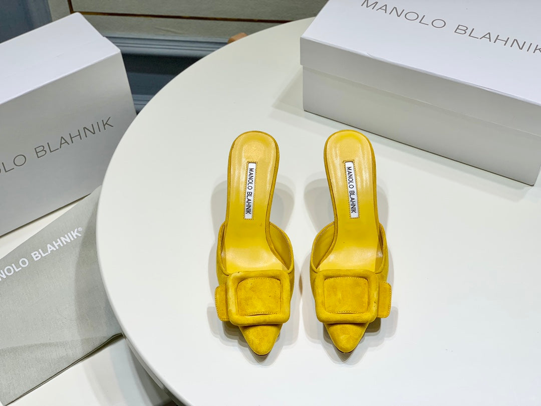 Manolo Mules 7cm Yellow Suede Leather Bottom 451186