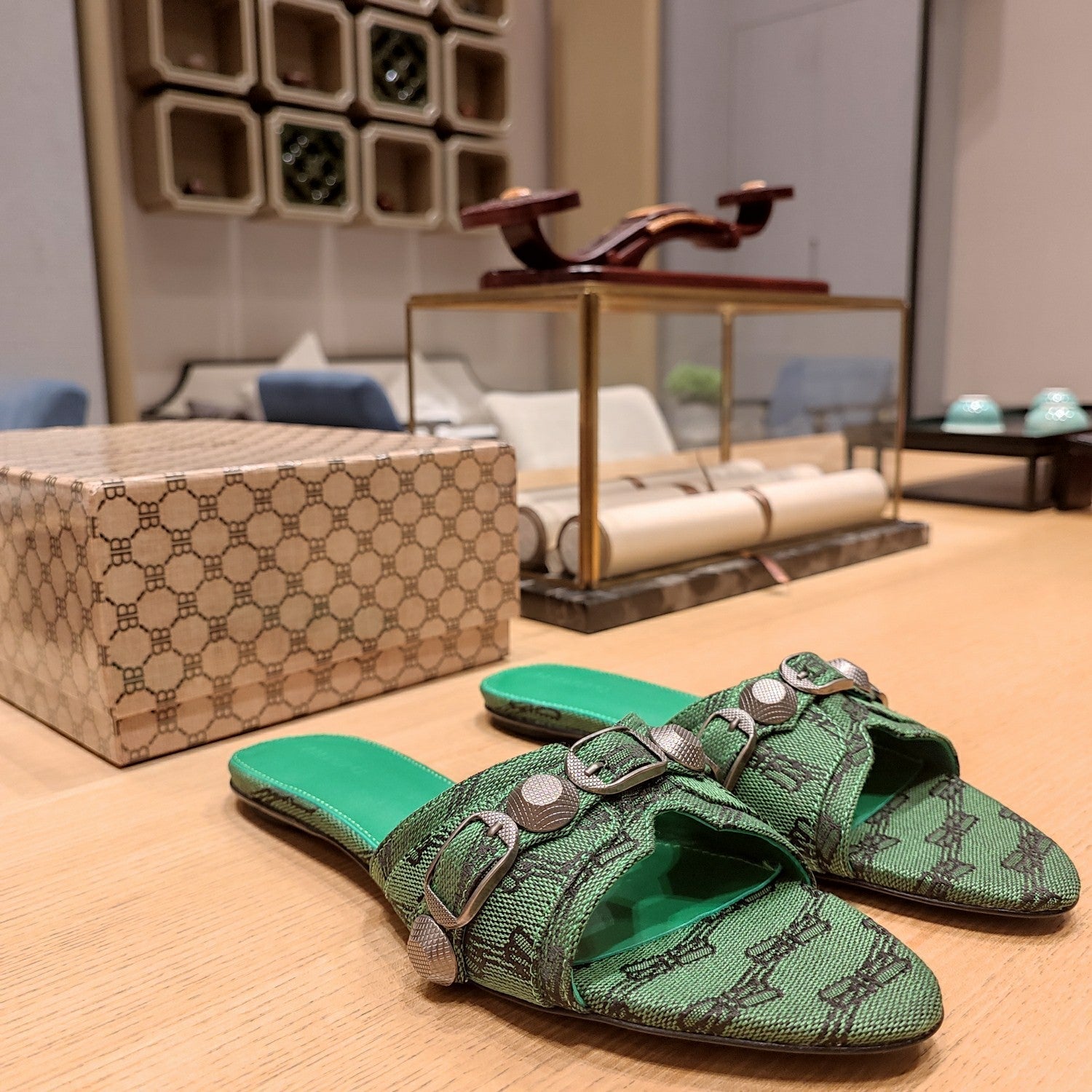 Balenciaga 26s Flat Slippers Dark Green Canvas Leather  681307