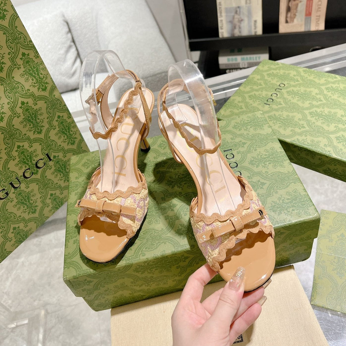GG HIGH - HEEL SANDAL TAWNY FABRIC ATTACH BOW