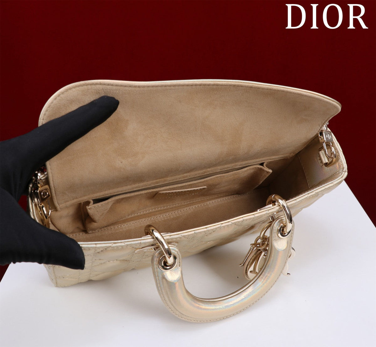 medium lady d-joy 26 beige metalic lambskin