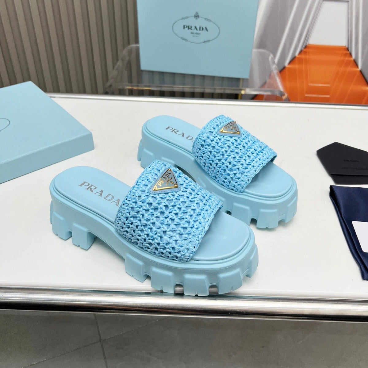 PRA THICK-SOLED CROCHET SANDALS SKY WOVEN FABRIC