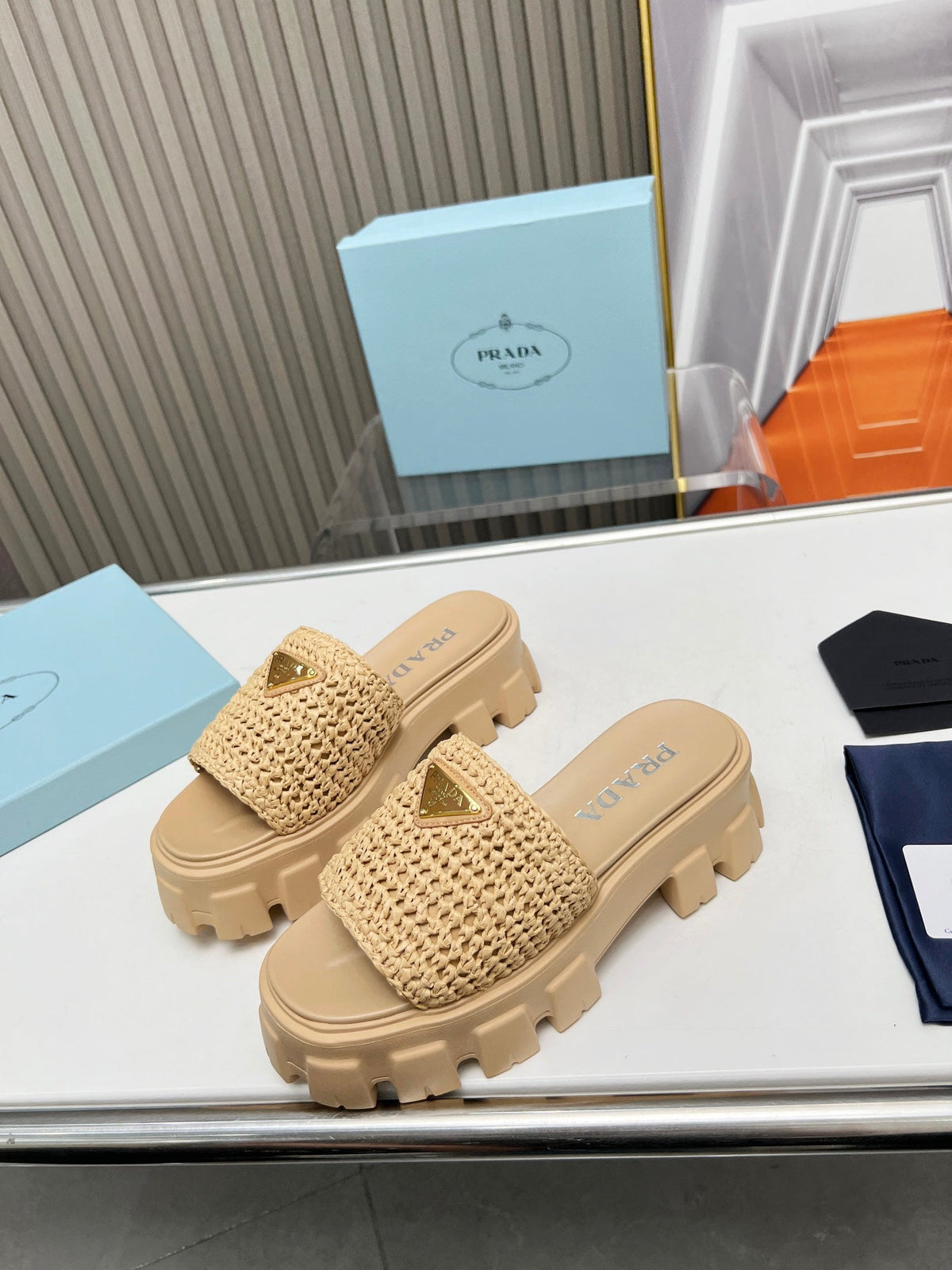 PRA THICK-SOLED CROCHET SANDALS BEIGE WOVEN FABRIC