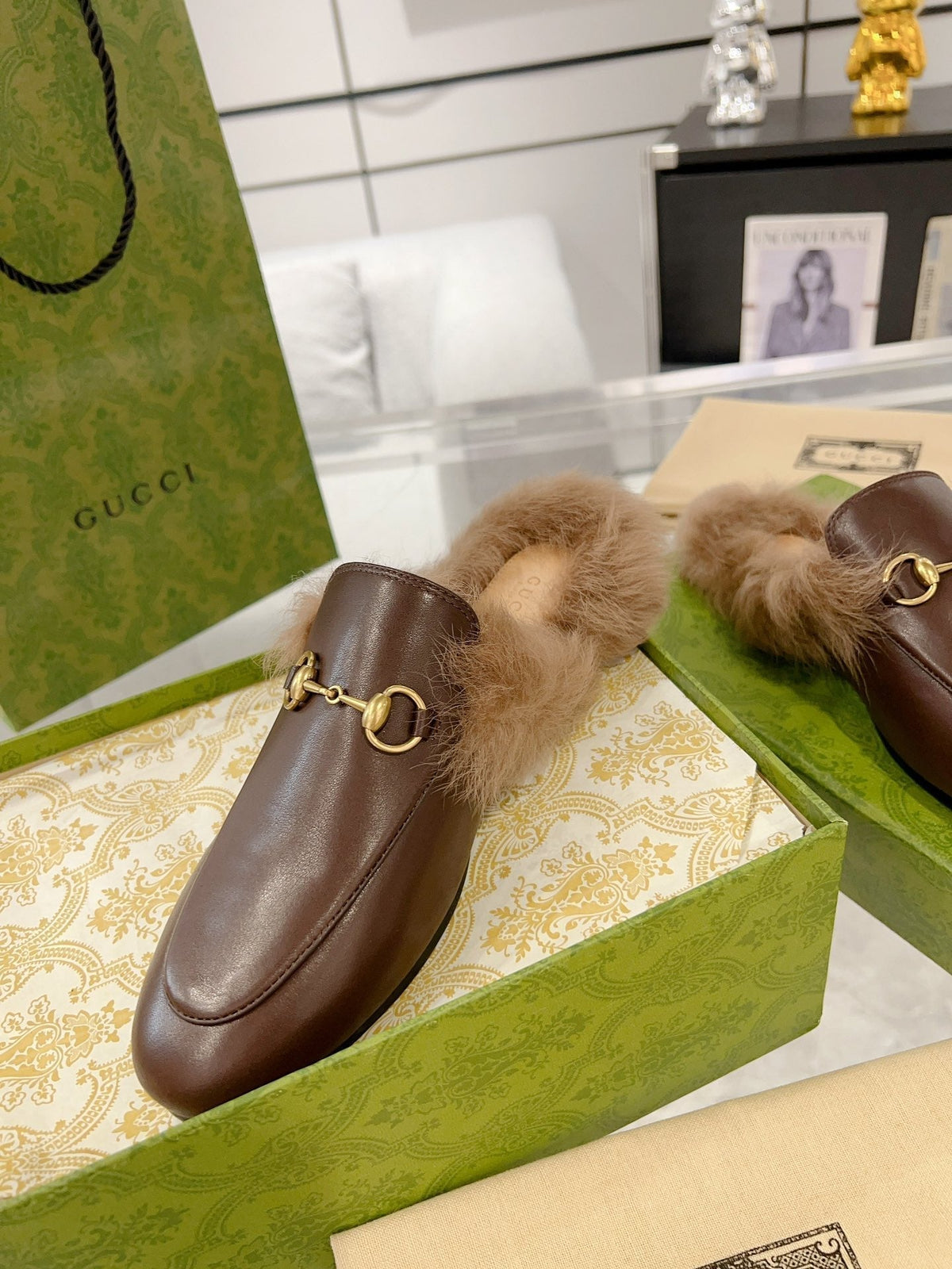 GG Princetown Slipper Brown Calfskin Tuscan Wool