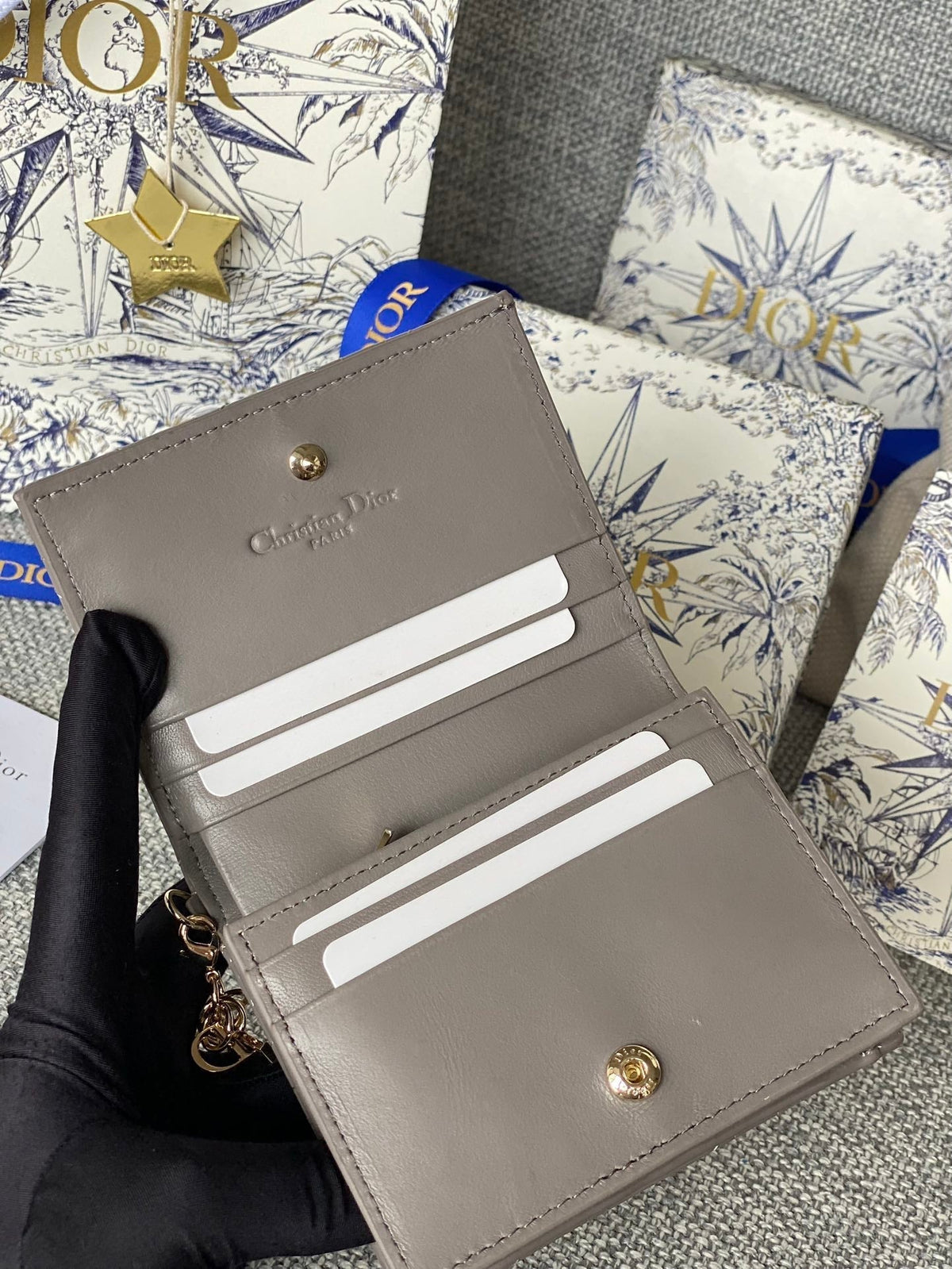 CD Caro 11cm Compact Wallet Shiny Grey Calfskin