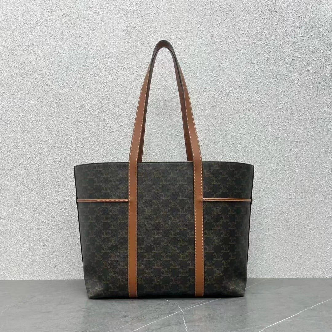 Celine 2026 Cabas Drawstring 45cm Black Brown Canvas Leather