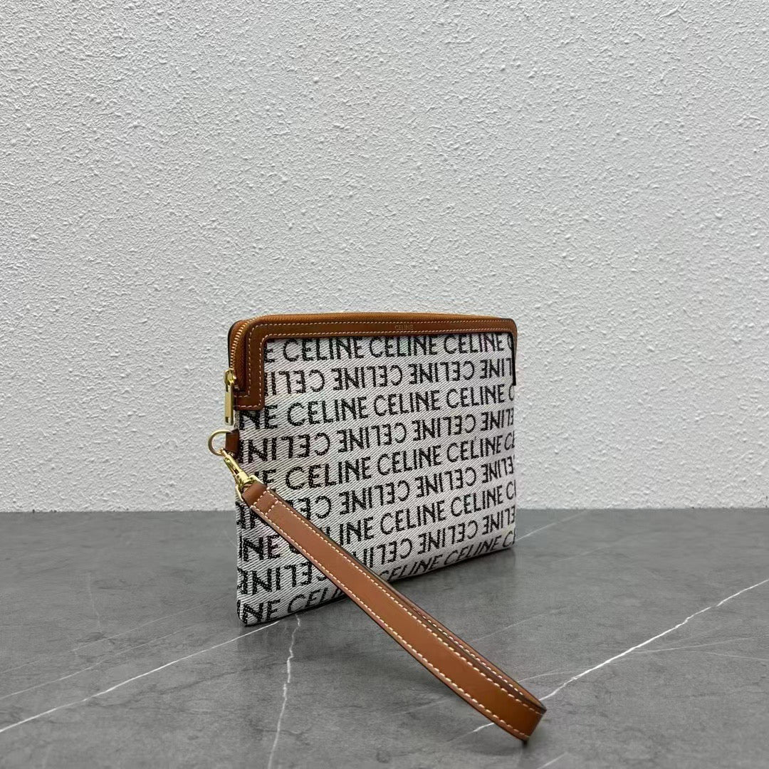 Celine 2026 Pouch With Strap 24cm White Tan Textile Calfskin 281834
