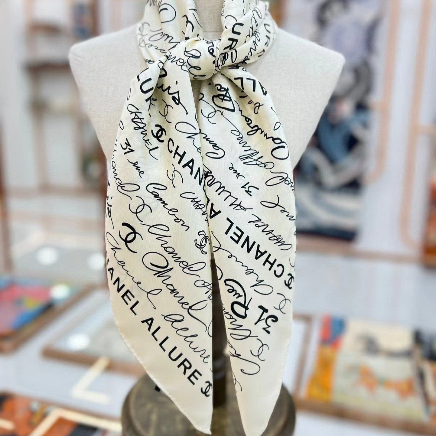 CC Square Scarf 90 CM In White With Black Text Silk  288694