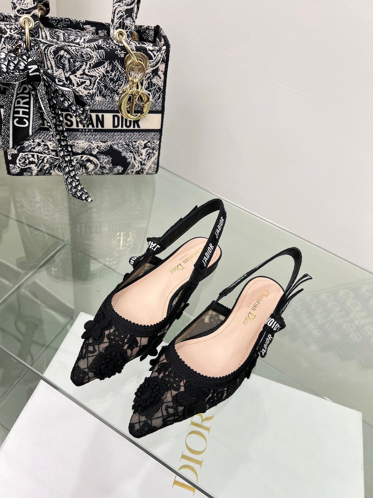 J'Adior Slingback Pump In Black Floral Embroidered Lace Fabric  100848