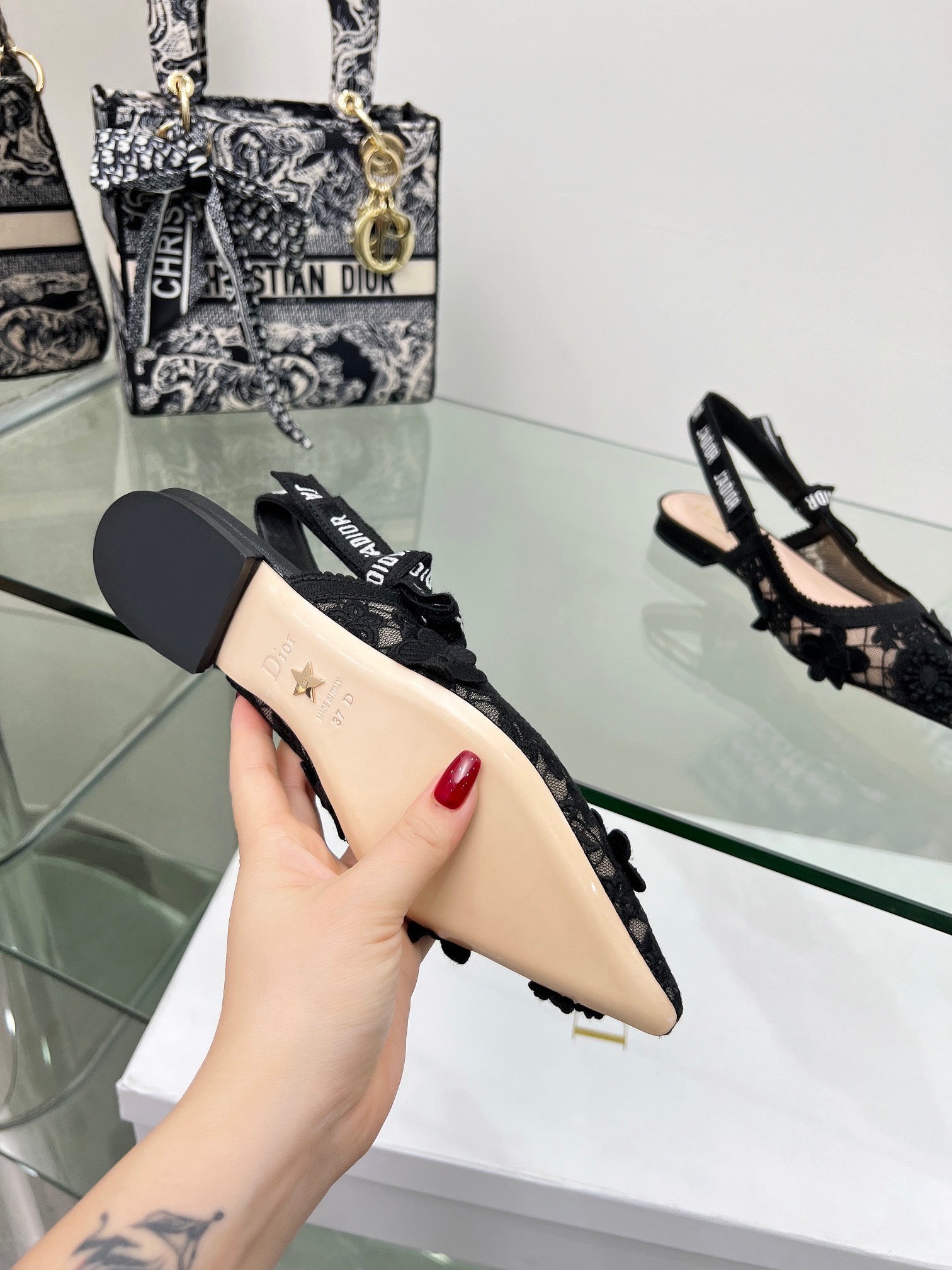 J'Adior Slingback Pump In Black Floral Embroidered Lace Fabric  100848