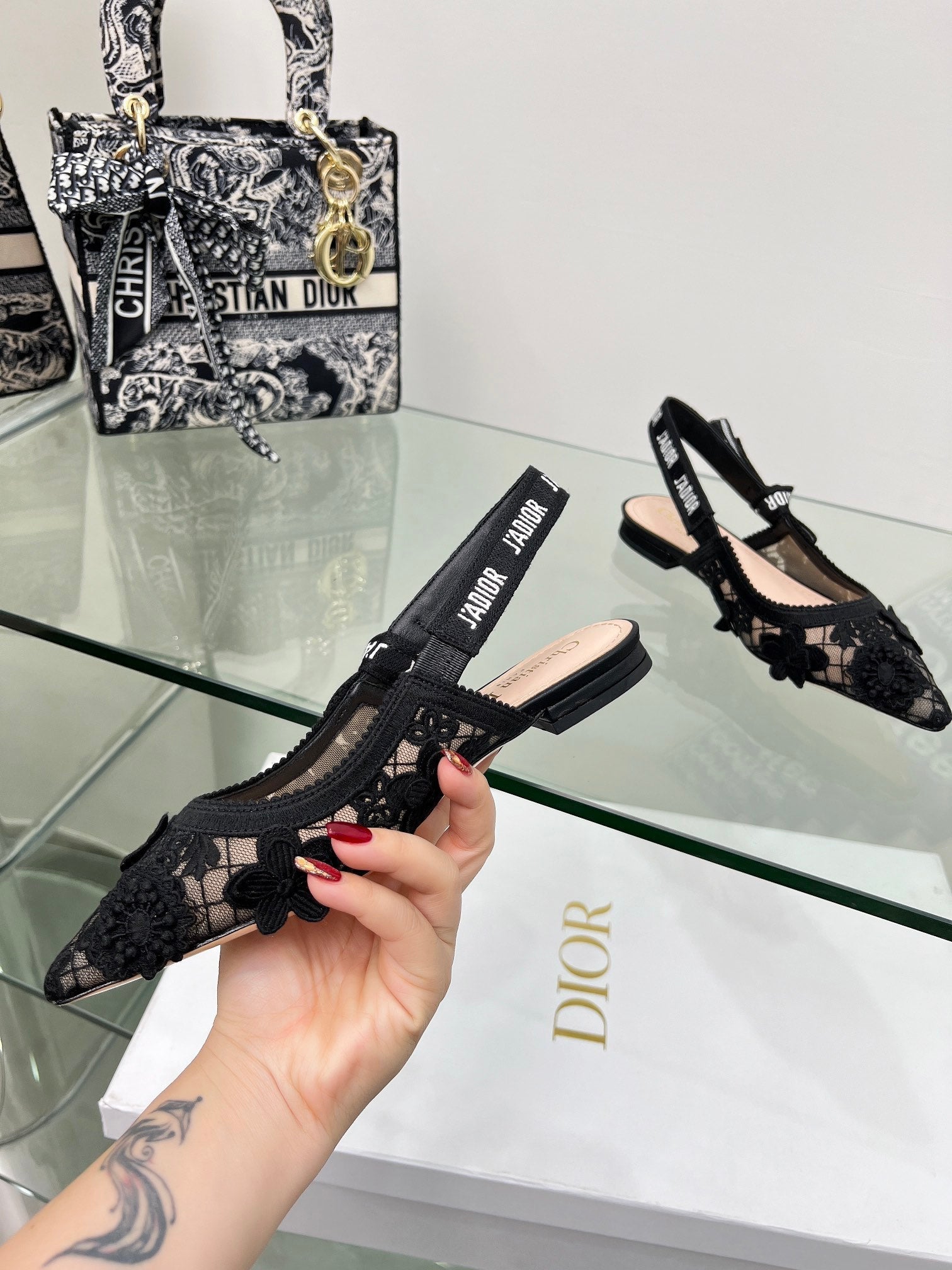 J'Adior Slingback Pump In Black Floral Embroidered Lace Fabric  100848