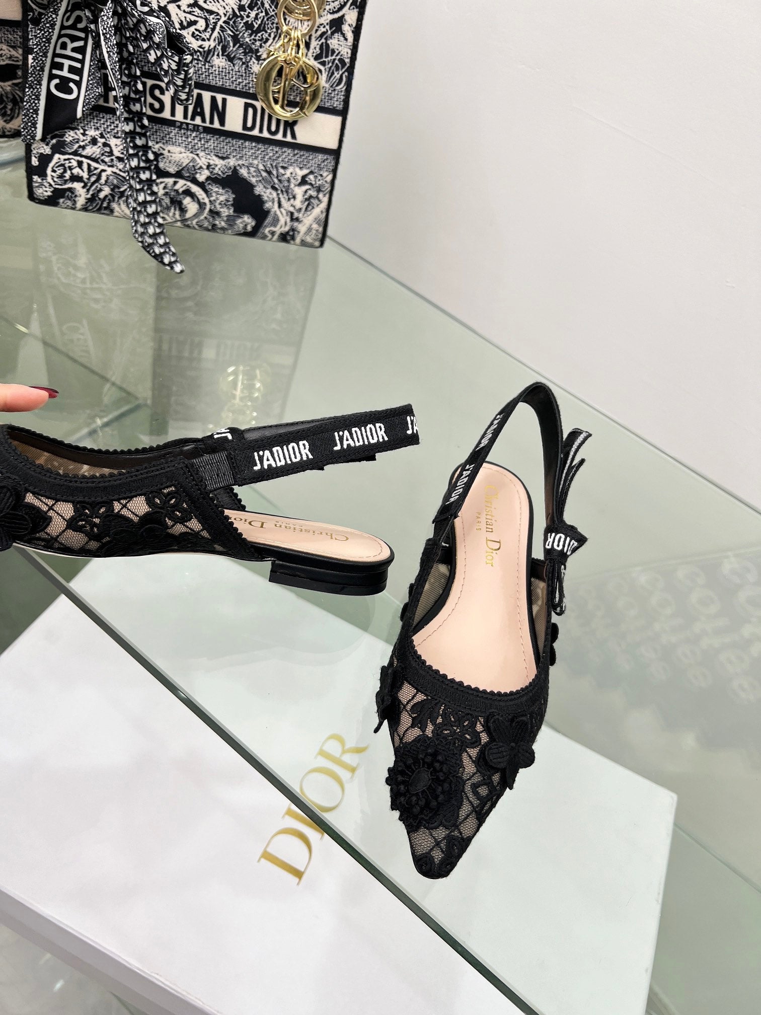 J'Adior Slingback Pump In Black Floral Embroidered Lace Fabric  100848