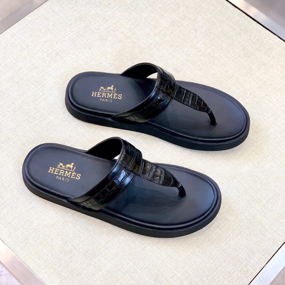 HM Men's Thong Sandals Black Rubber Sheepskin 561667