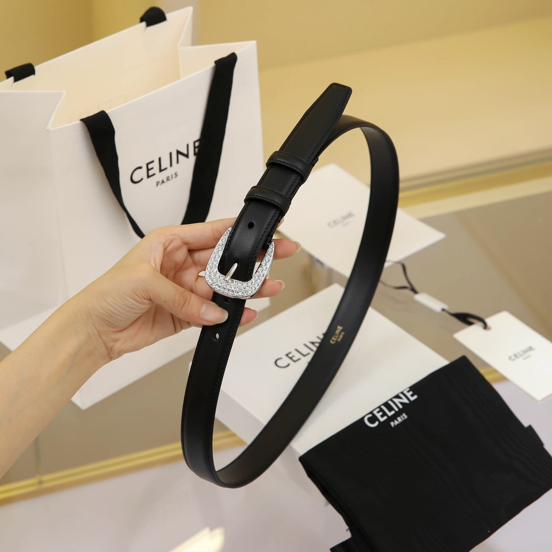 CL MEDIUM 25 MM MARCO BELT WITH STRASS IN BLACK CALFSKIN SILVER HARDWARE