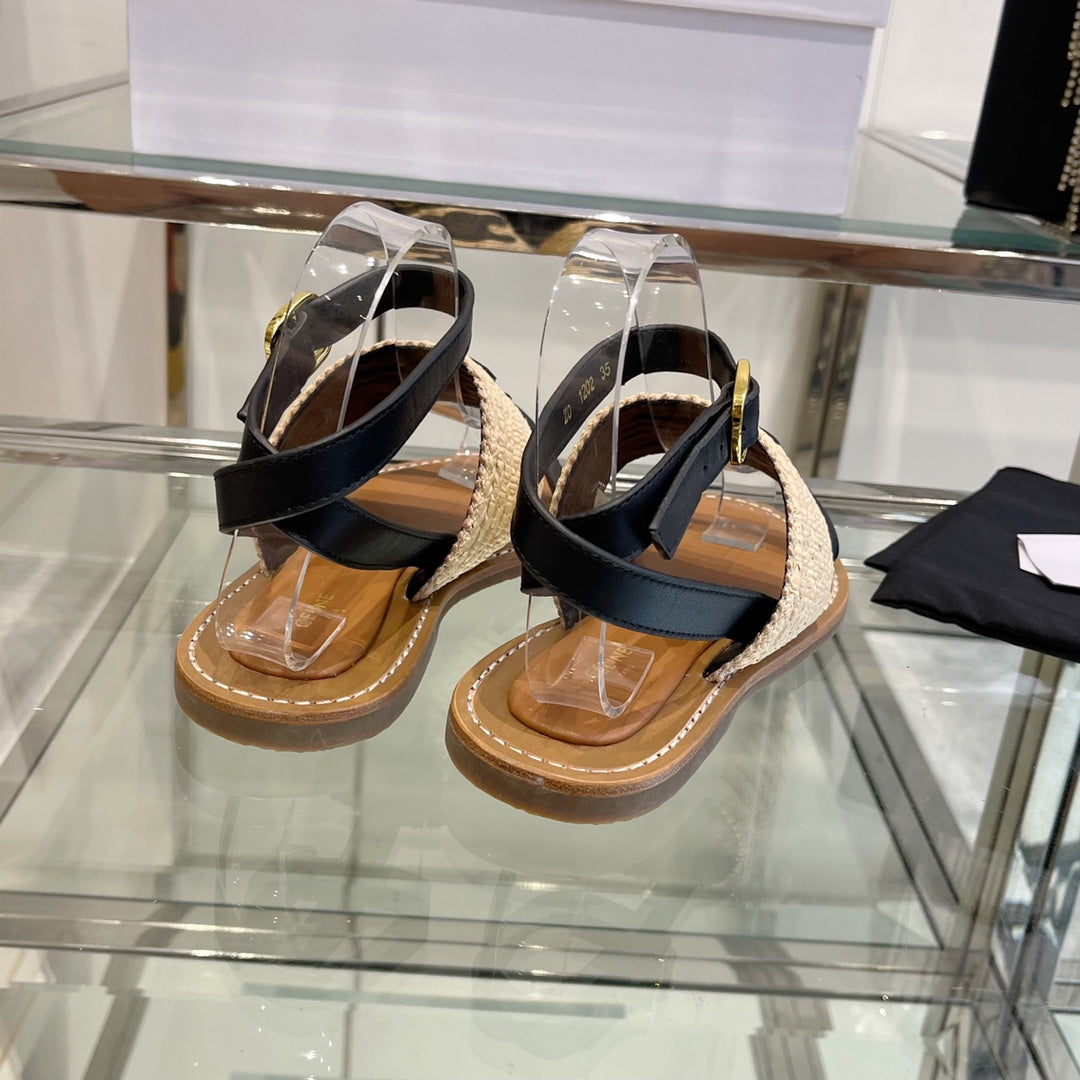 LYMPIAR FLAT STRAP SANDAL IN RAFFIA CALFSKIN BLACK BEIGE