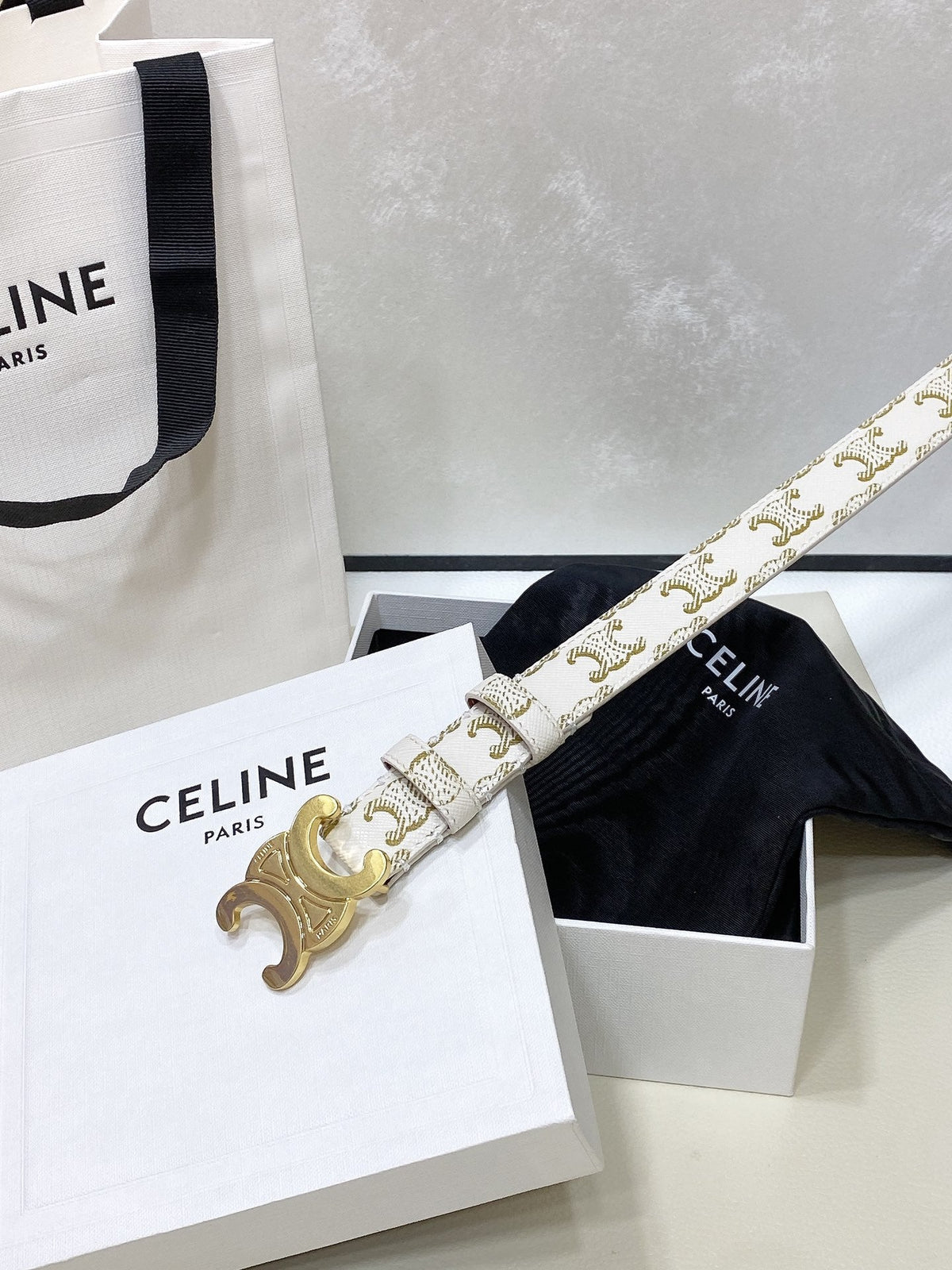 CEL Medium Triomphe Belt in Taurillon Monogram White Leather 175193