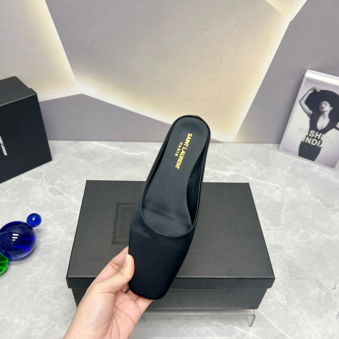 SL SQUARE TOE FLAT MULES BLACK SATIN