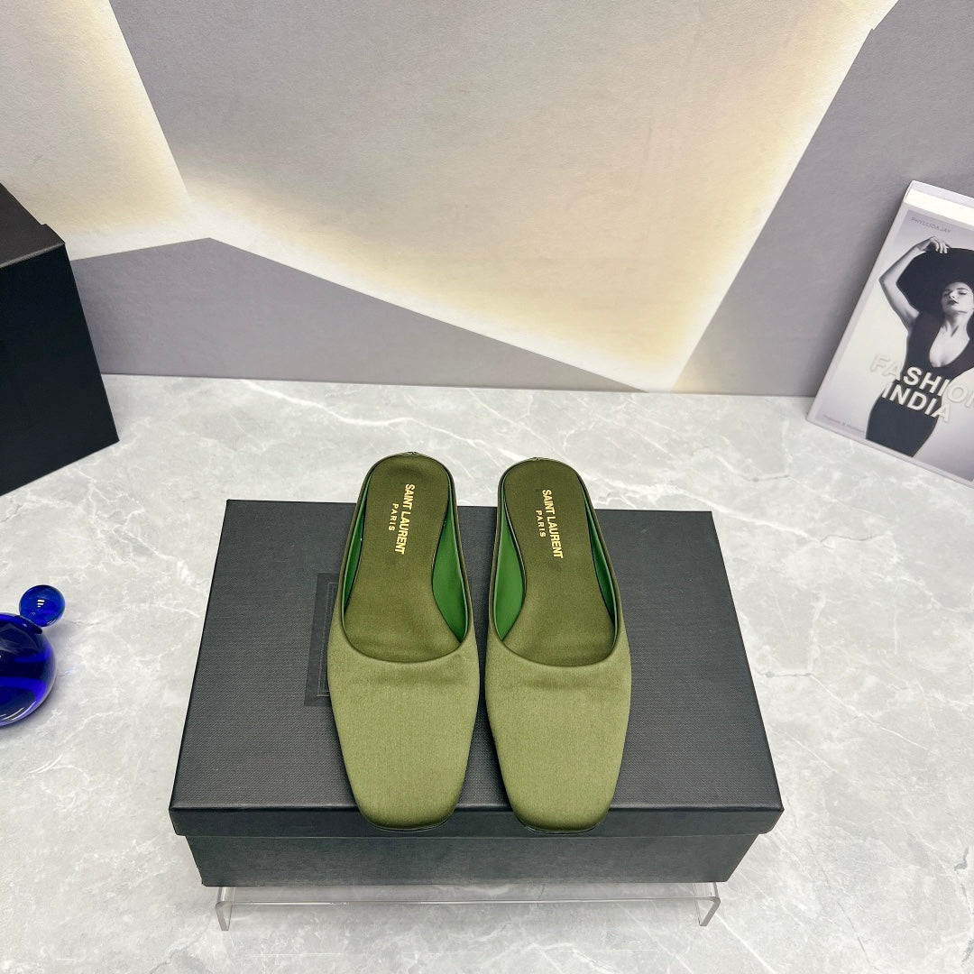 SL SQUARE TOE FLAT MULES MOSS SATIN
