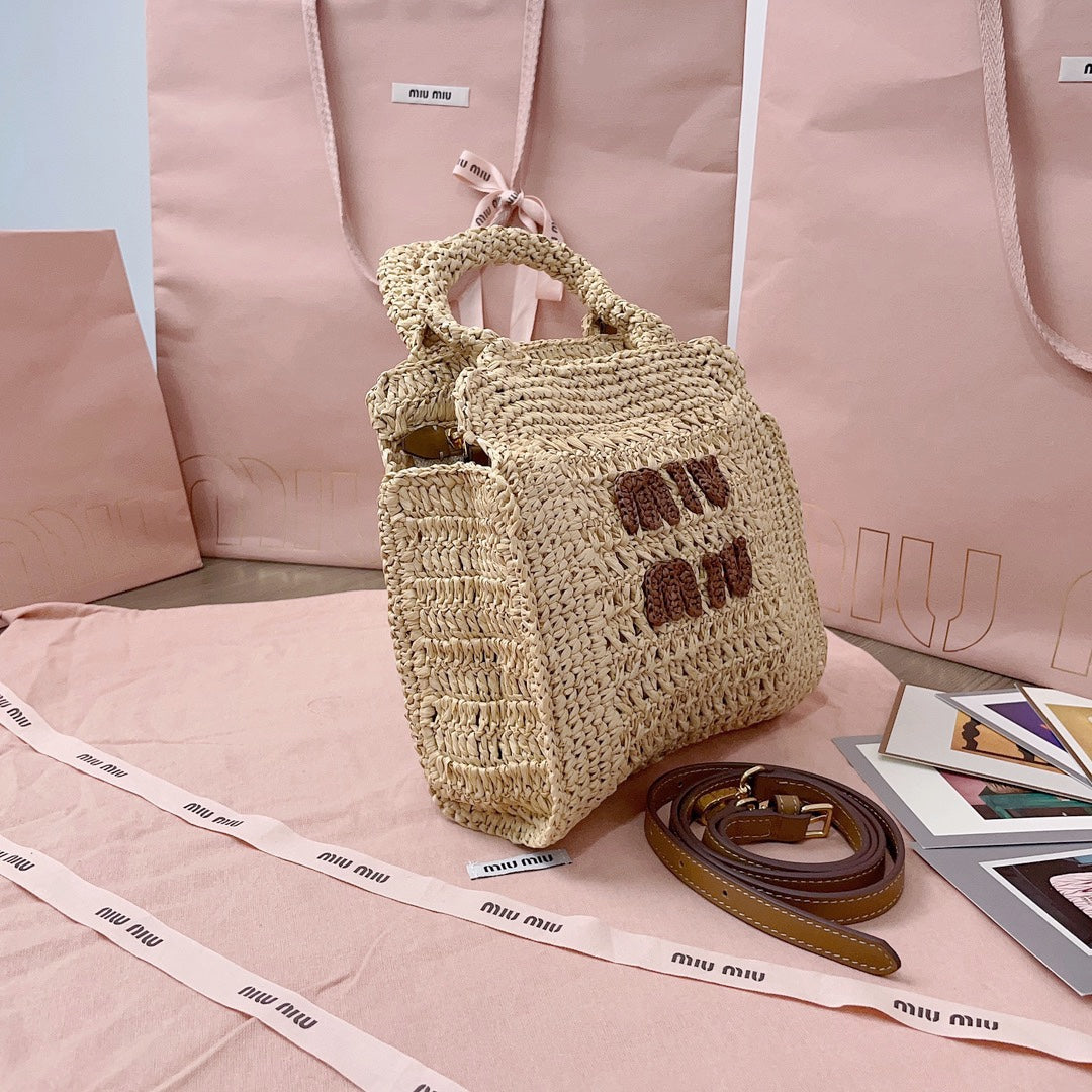 miu tote bag 22cm beige woven fabric