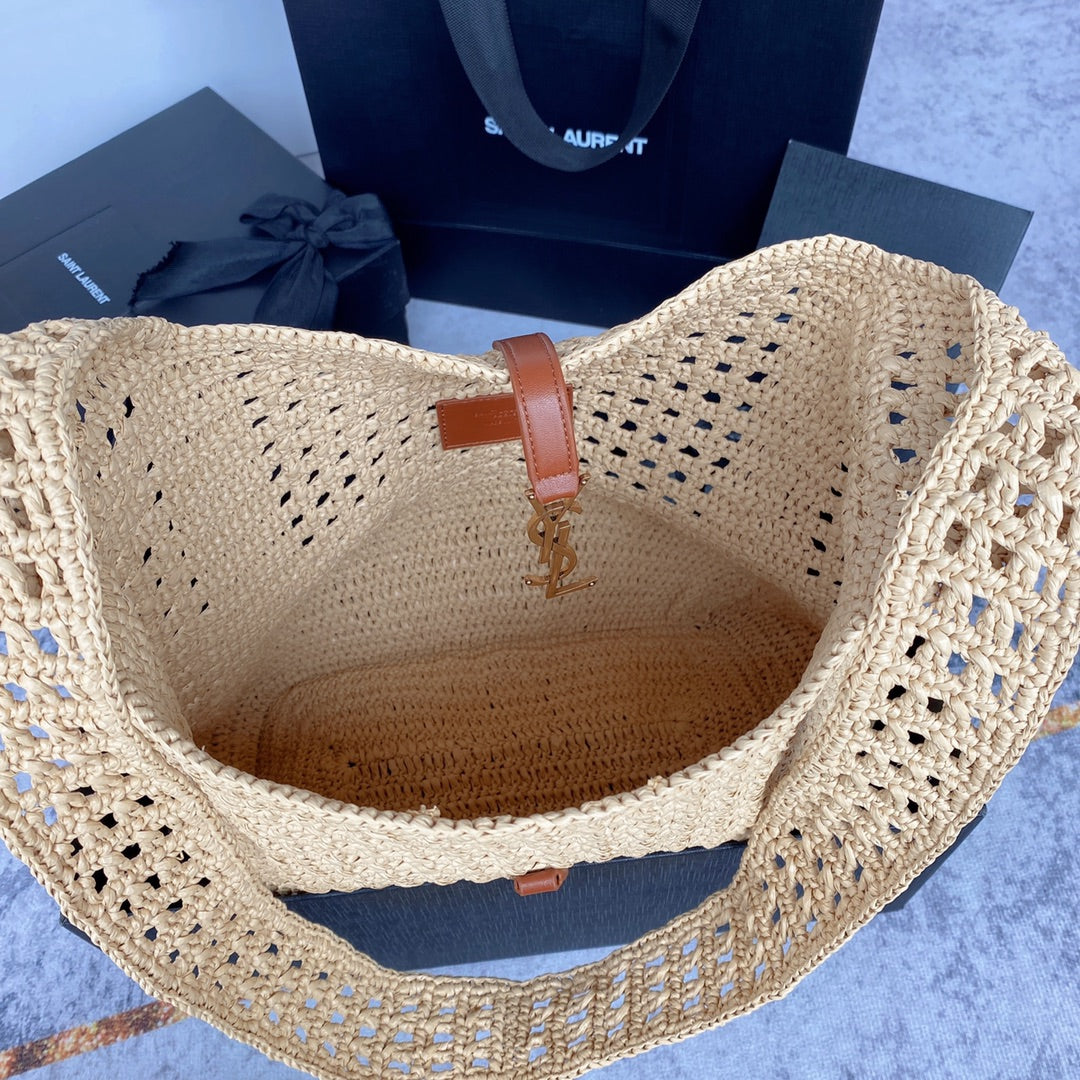 le 5a7 large 30cm woven raffia brown calfskin