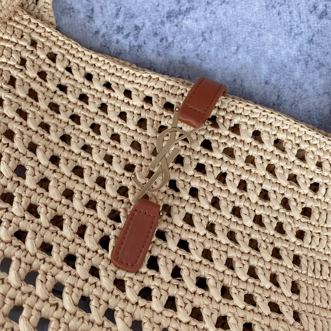 le 5a7 large 30cm woven raffia brown calfskin