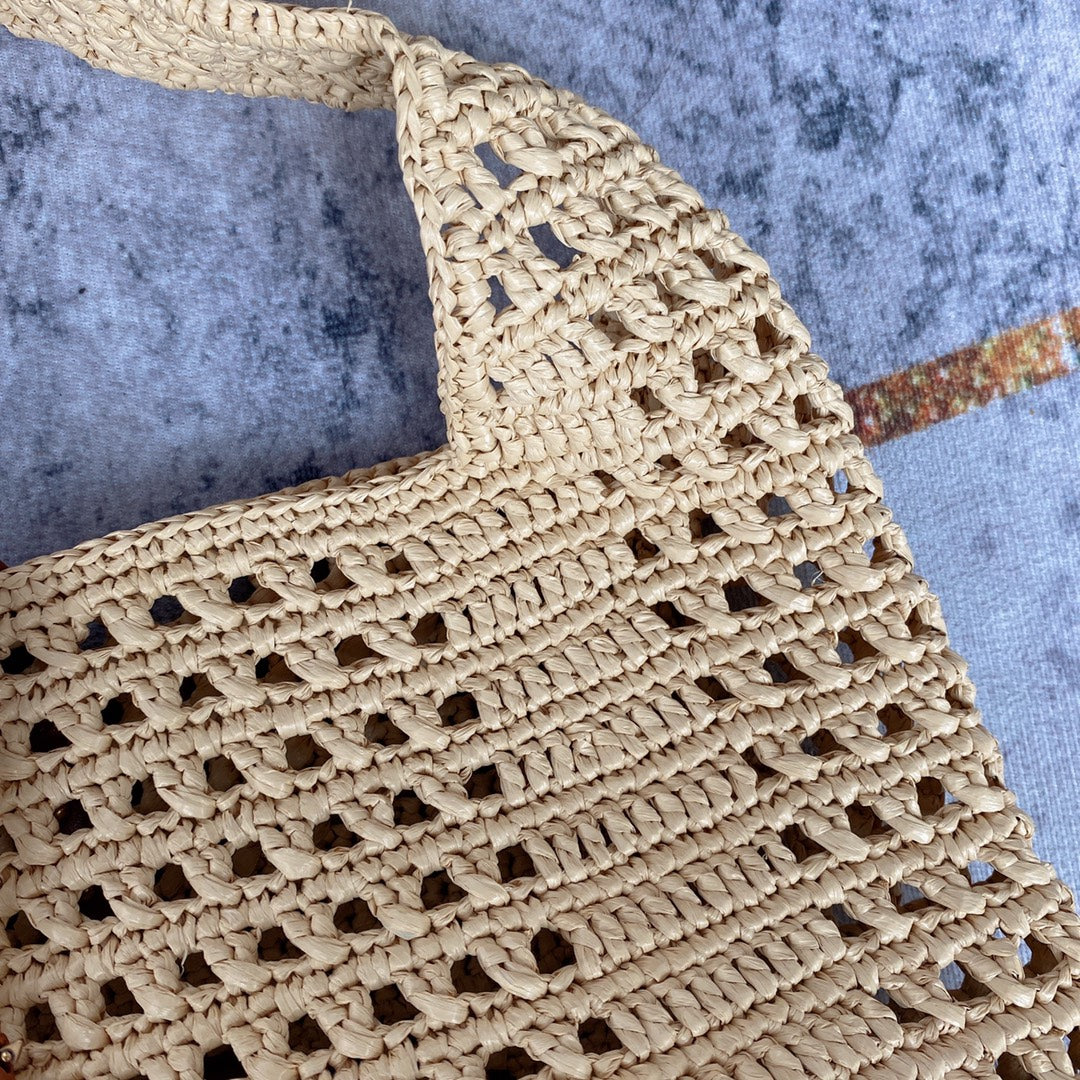 le 5a7 large 30cm woven raffia brown calfskin