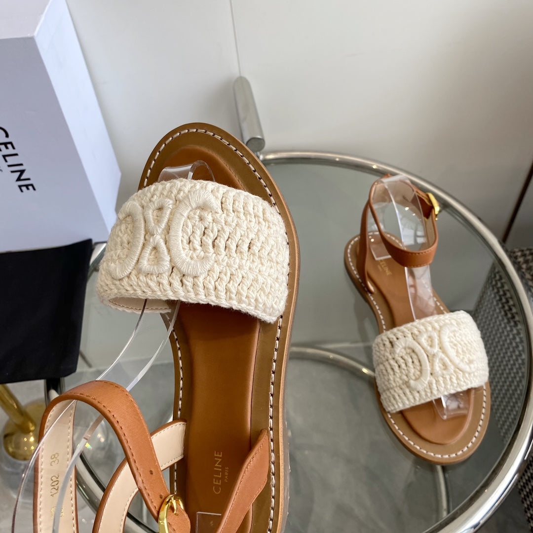 LYMPIA SANDAL IN WHITE TRIOMPHE MACCRAMÃ‰ COTTON AND TAN CALFSKIN