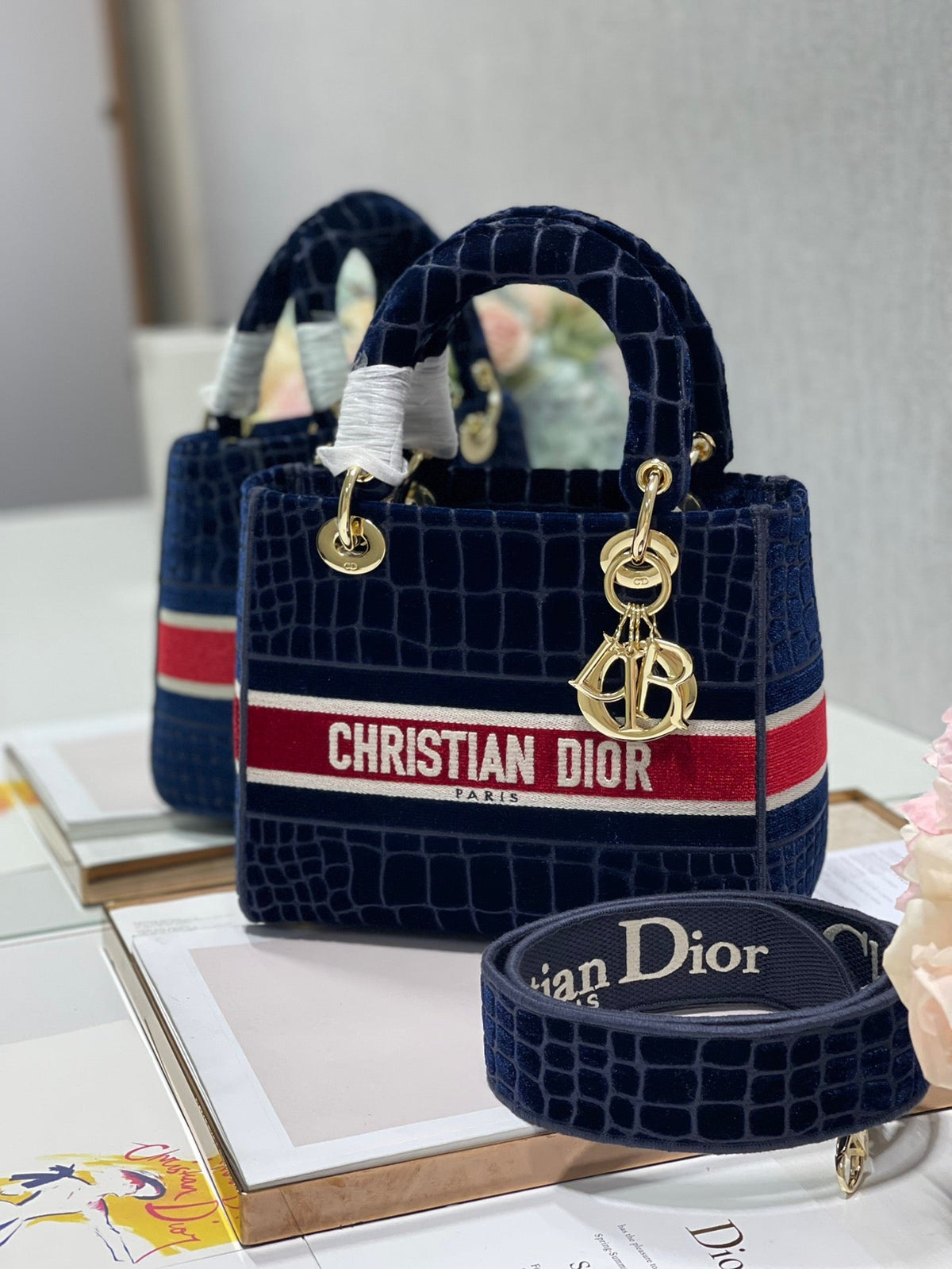 CD Velvet Crocodile Pattern 24 Lady Dior Bag Canvas 336657