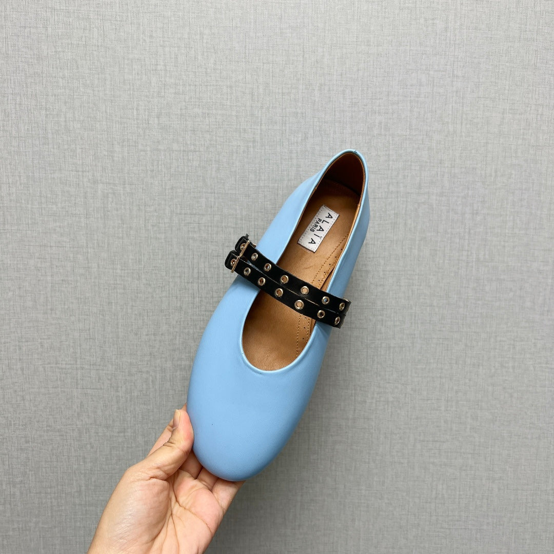 ALAIA MARY JANE SHOES IN LIGHT BLUE LAMBSKIN SILVER HARDWARE