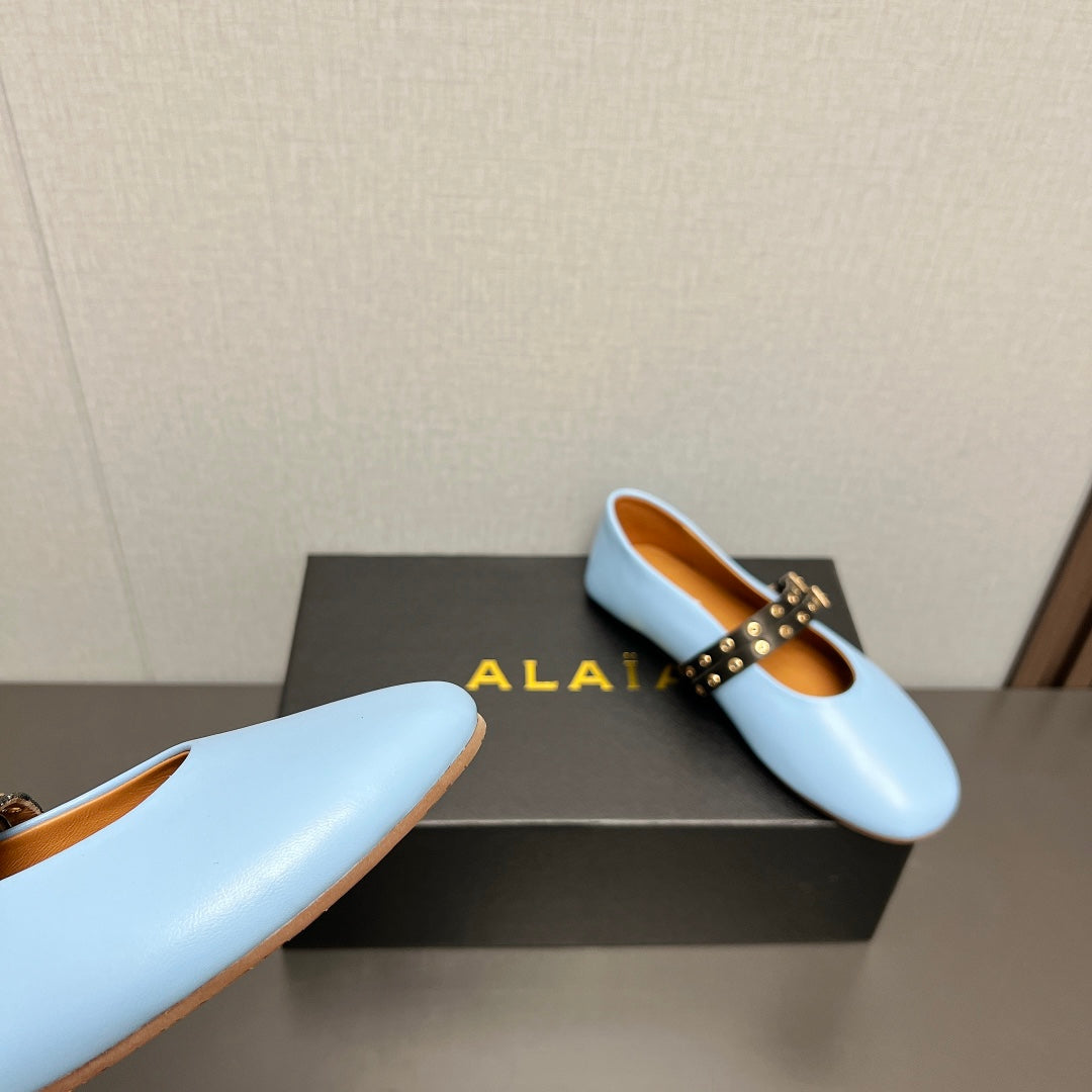 ALAIA MARY JANE SHOES IN LIGHT BLUE LAMBSKIN SILVER HARDWARE