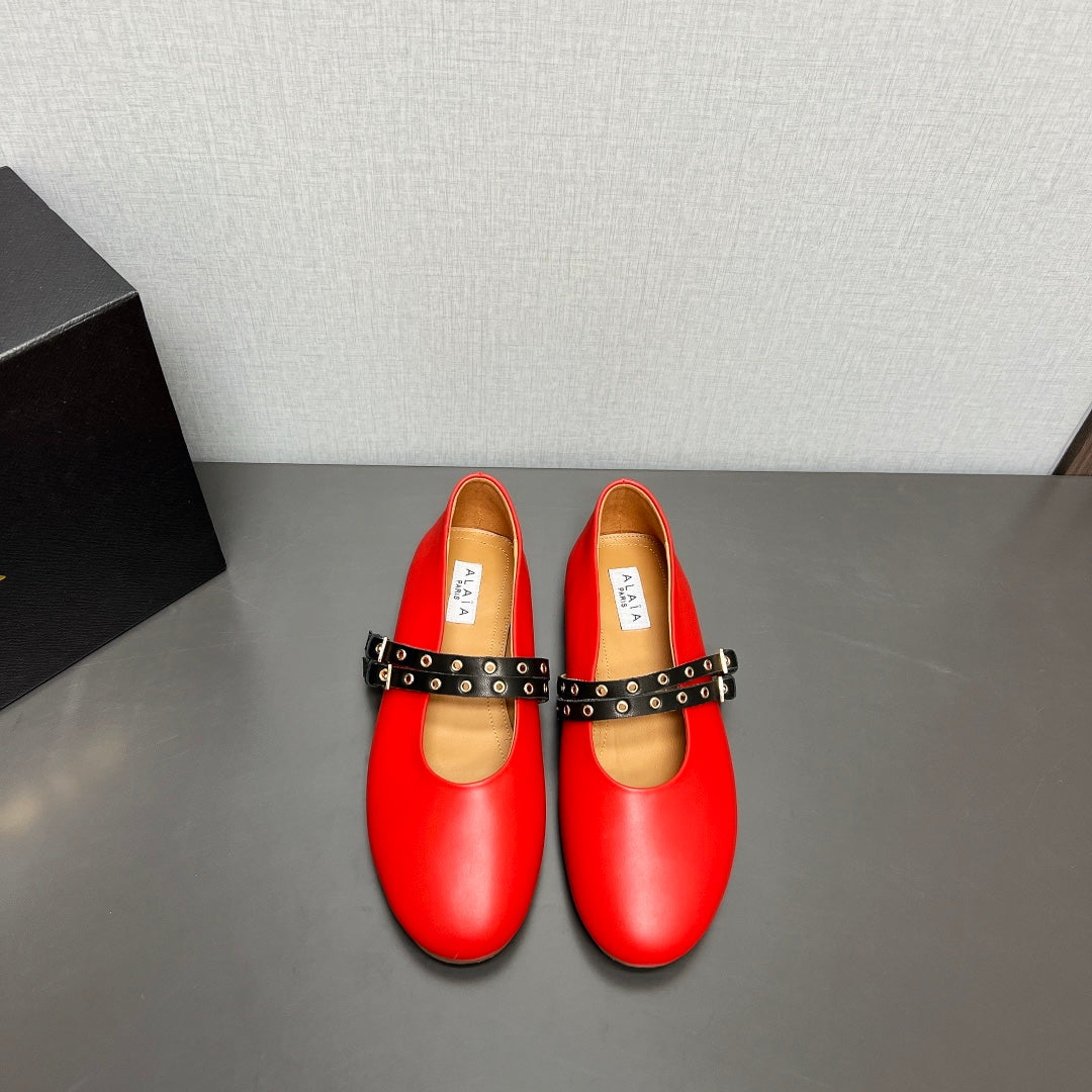 ALAIA MARY JANE SHOES IN CHERRY RED LAMBSKIN SILVER HARDWARE