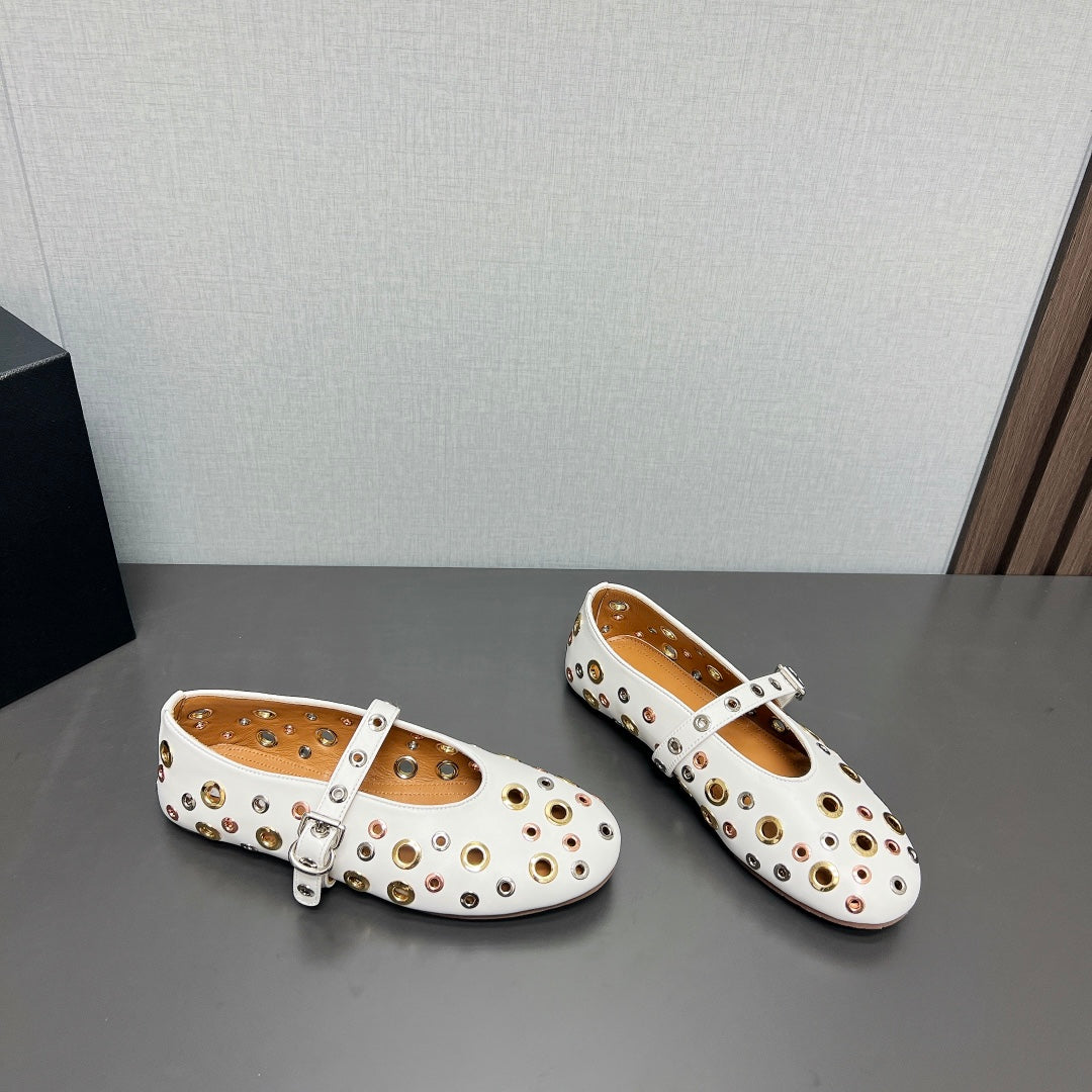 ALAIA MARY JANE SHOES IN WHITE LAMBSKIN GOLD MIX SILVER HARDWARE