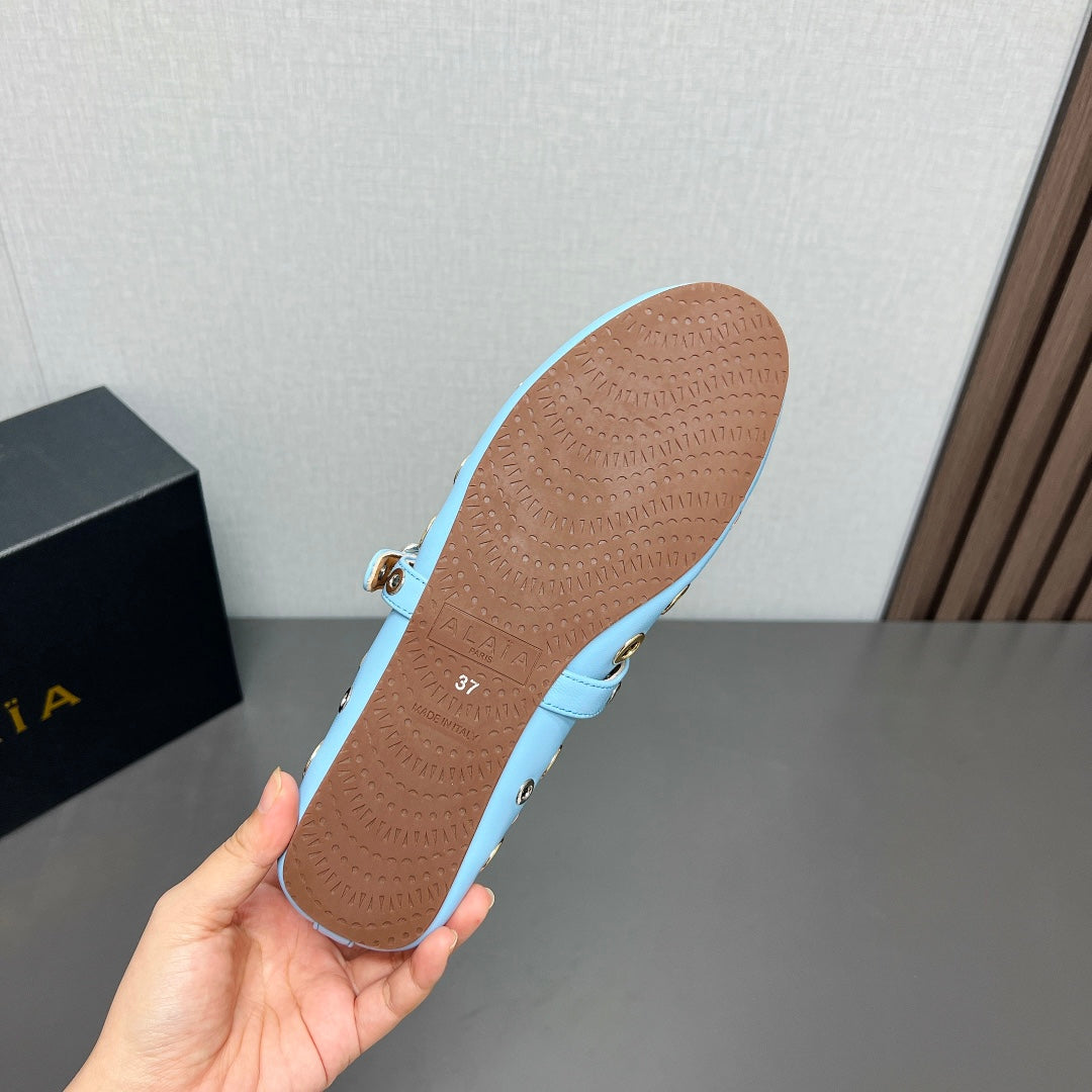 ALAIA MARY JANE SHOES IN LIGHT BLUE LAMBSKIN GOLD MIX SILVER HARDWARE