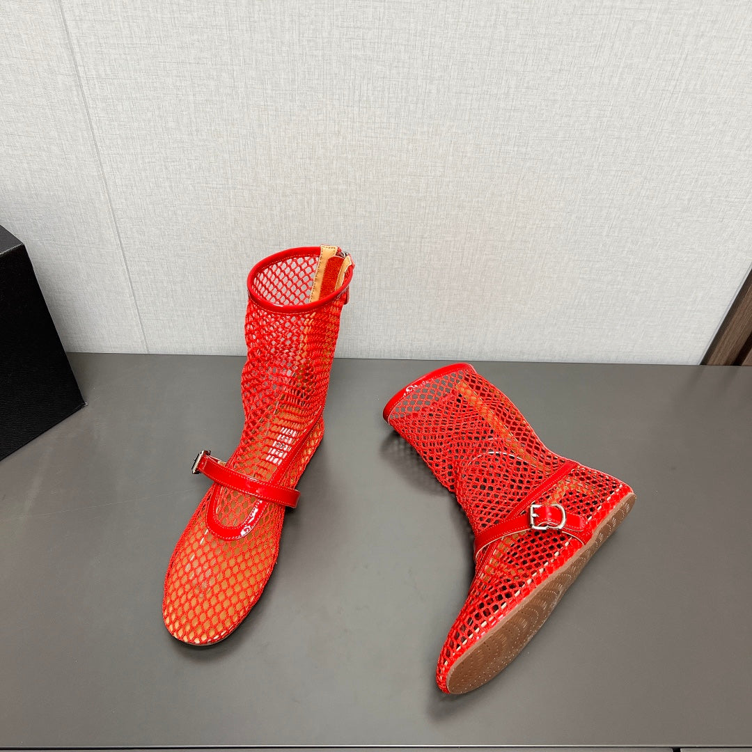 ALAIA SHORT BOOTS IN ORANGE RED MESH FISHNET