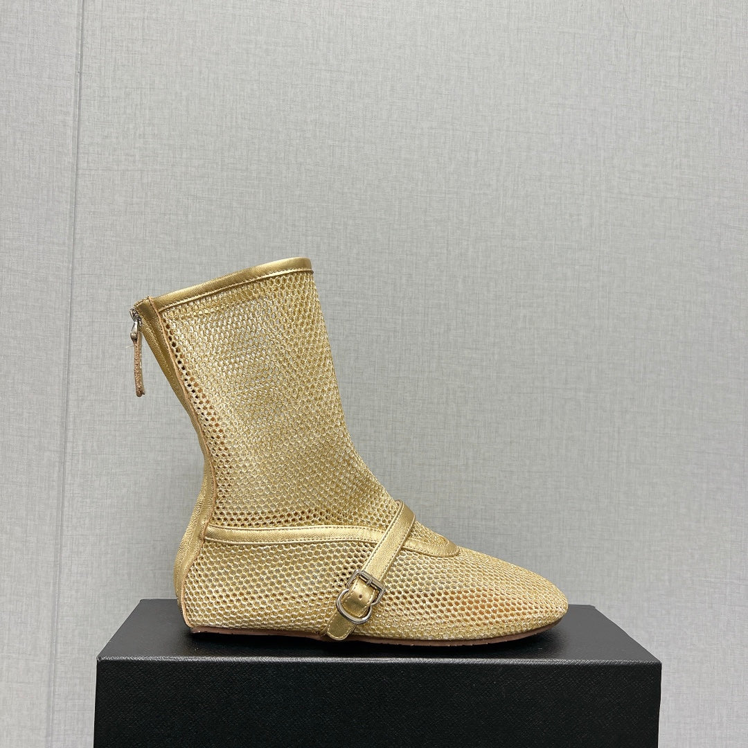 ALAIA SHORT BOOTS IN GOLD MESH FISHNET