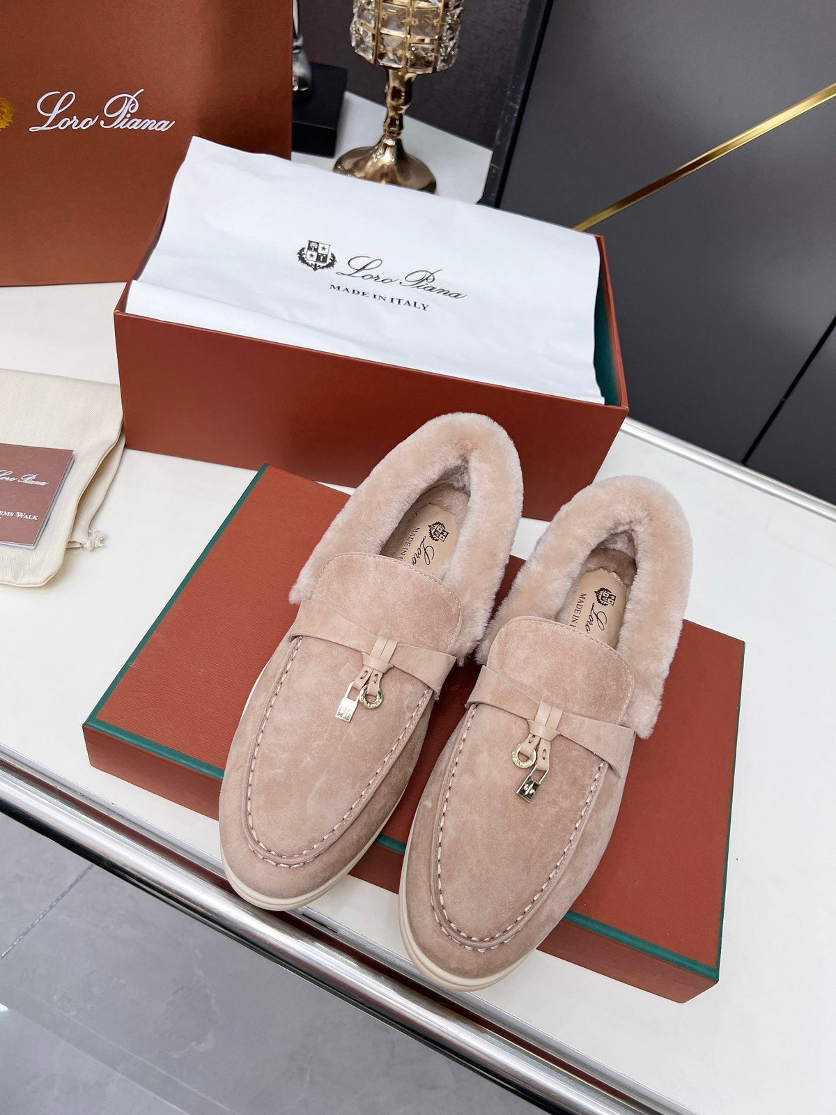LP Summer Charm Walk Loafer Rose Beige Suede Lamb Fur