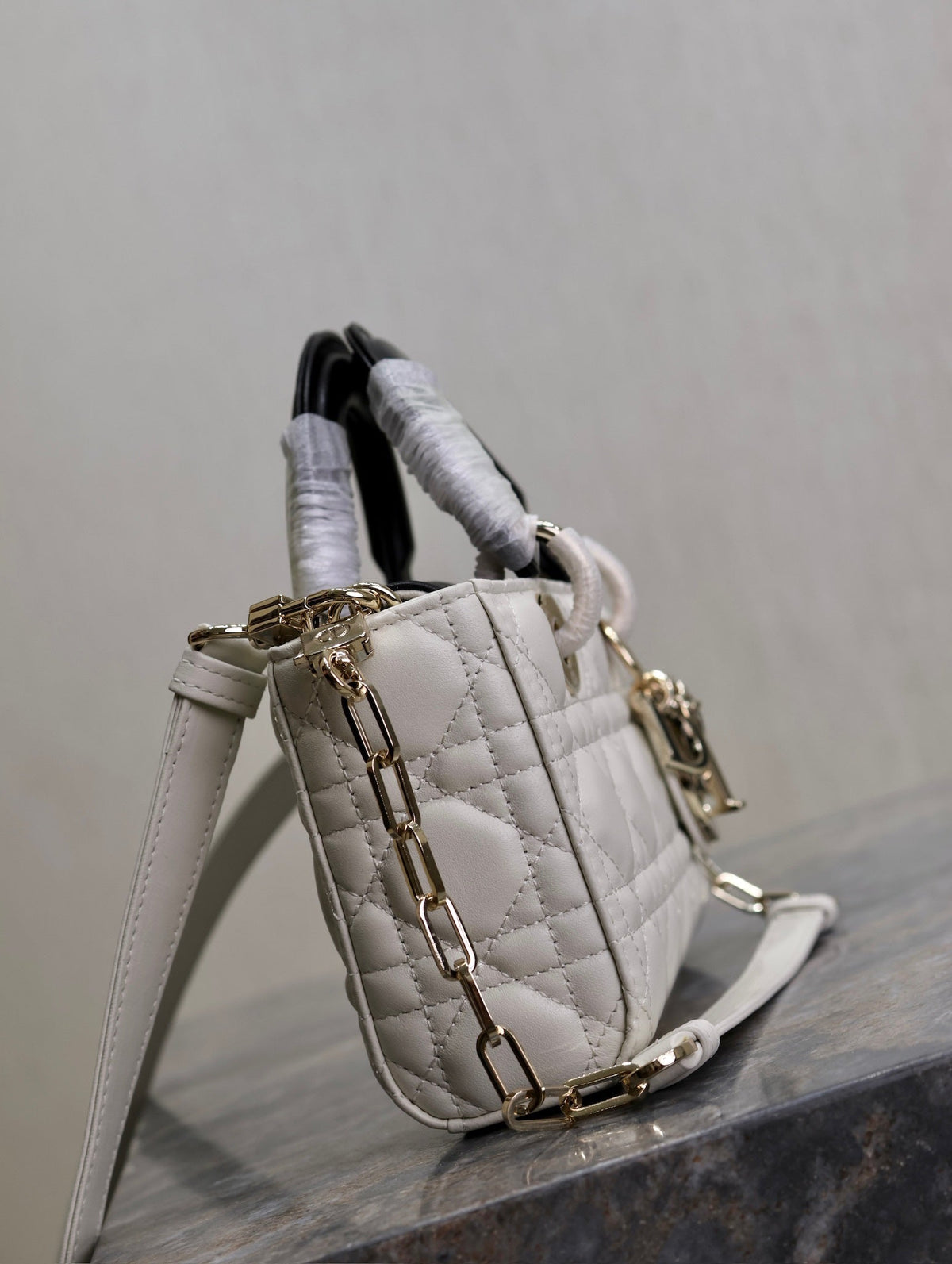 Lady D-Joy Bag 22 White Black Lambskin