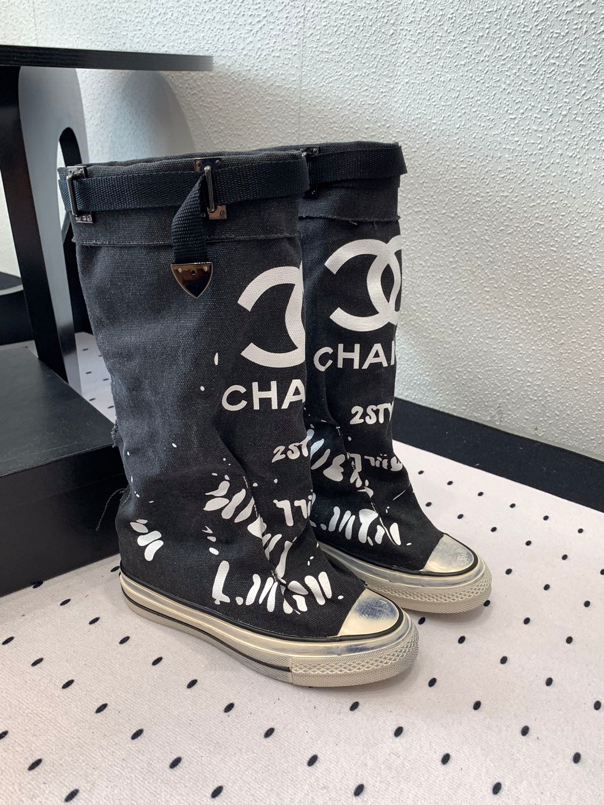 CC High-Top Canvas Boots Black White Denim Fabric  938046