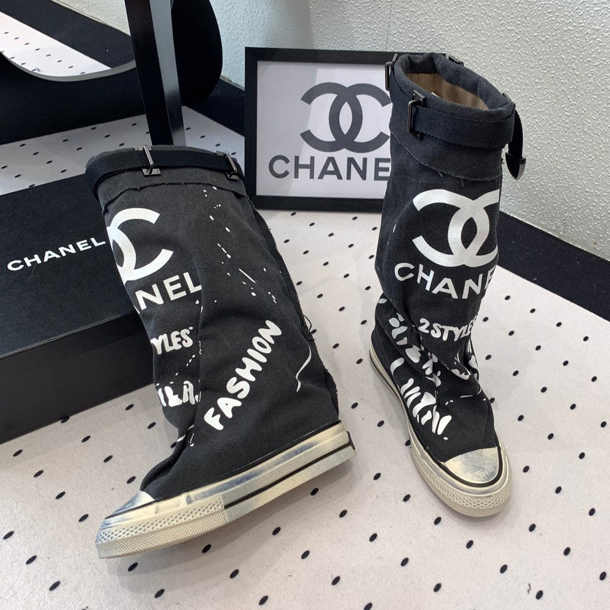 CC High-Top Canvas Boots Black White Denim Fabric  938046