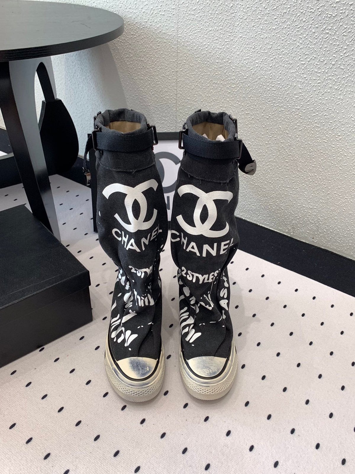 CC High-Top Canvas Boots Black White Denim Fabric  938046
