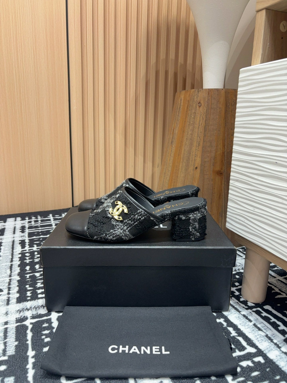 CC Mule 60mm In Black Wool Tweed And Lambskin Gold Hardware
