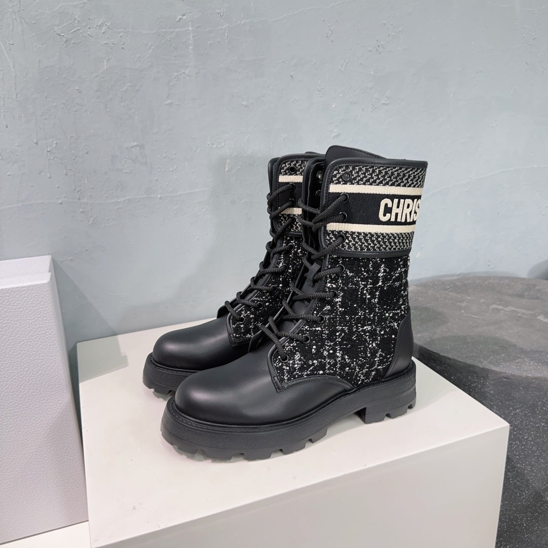CD Major Ankle Boots Black White Calfskin And Fabric Canvas