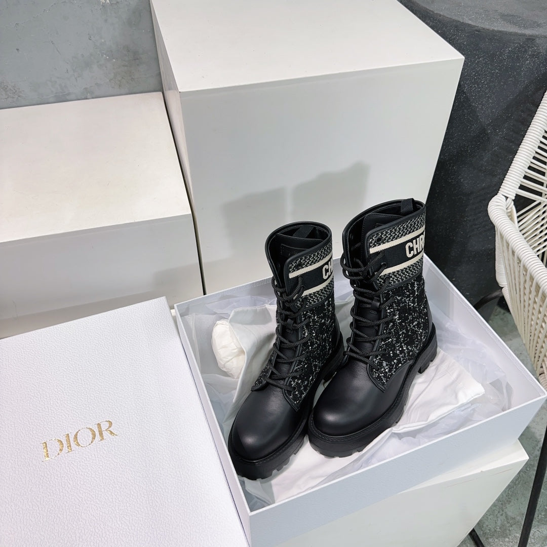 CD Major Ankle Boots Black White Calfskin And Fabric Canvas