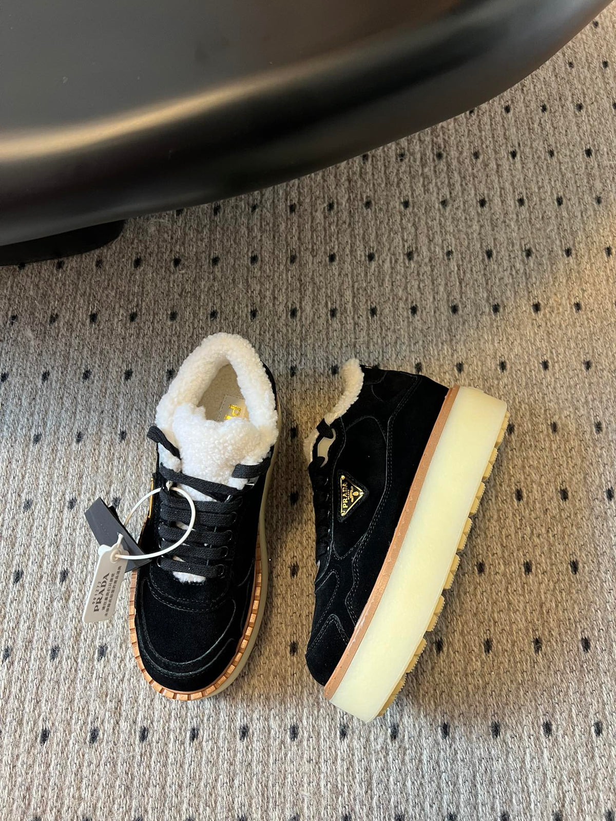 Prada 25s Mid-Top Sneaker Black Suede And Wool 538435