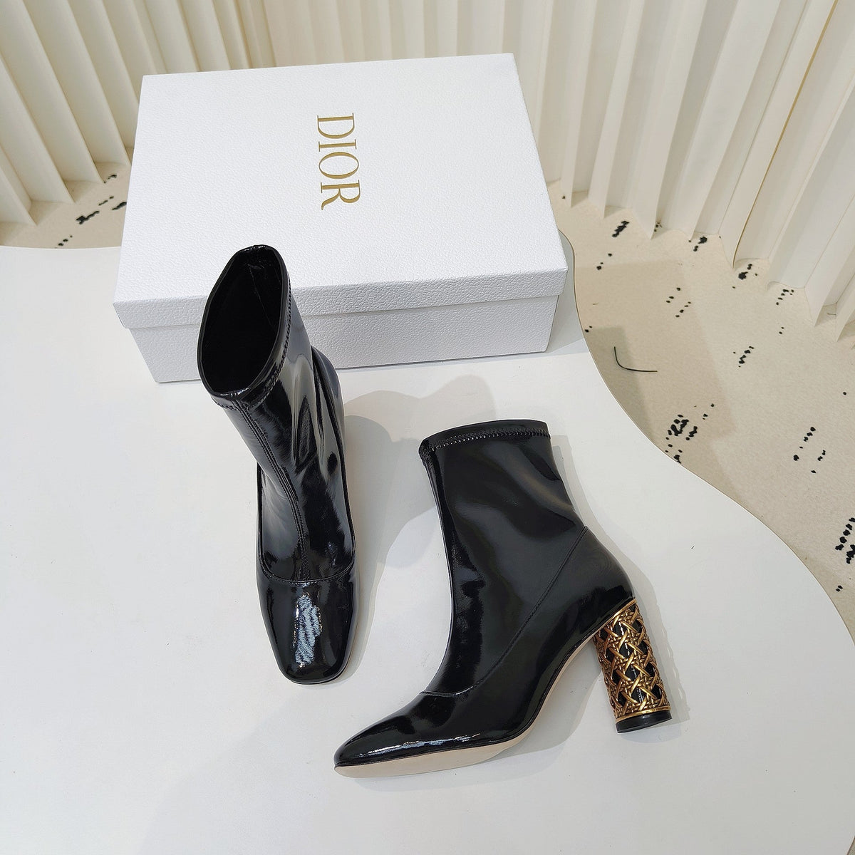 CD Icon Heeled Ankle Boot 40mm In Glossy Black Cowhide 111376
