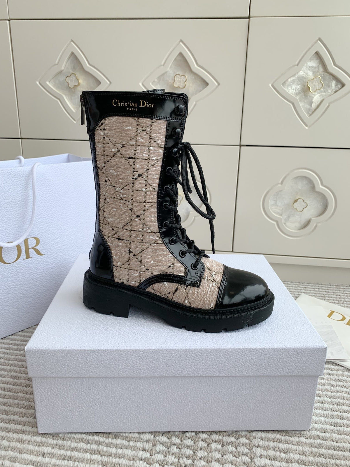 CD D-Unit Ankle Boot In Beige Mix Black Tweed Fabric And Glossy Cowhide 105088