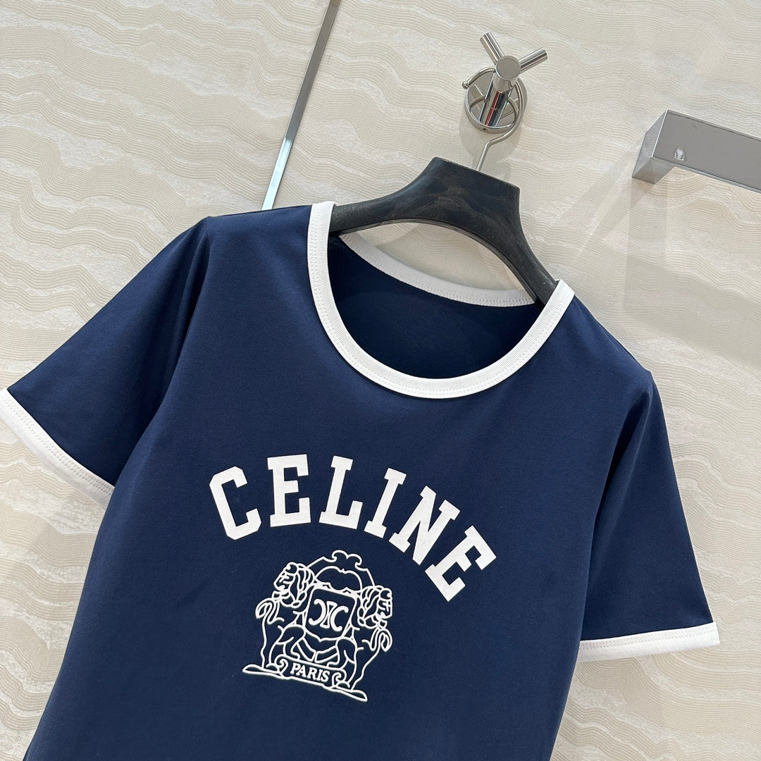 Celine 25 Arc de Triomphe Letter Short Sleeve T-shirt Navy Blue mix White Cotton